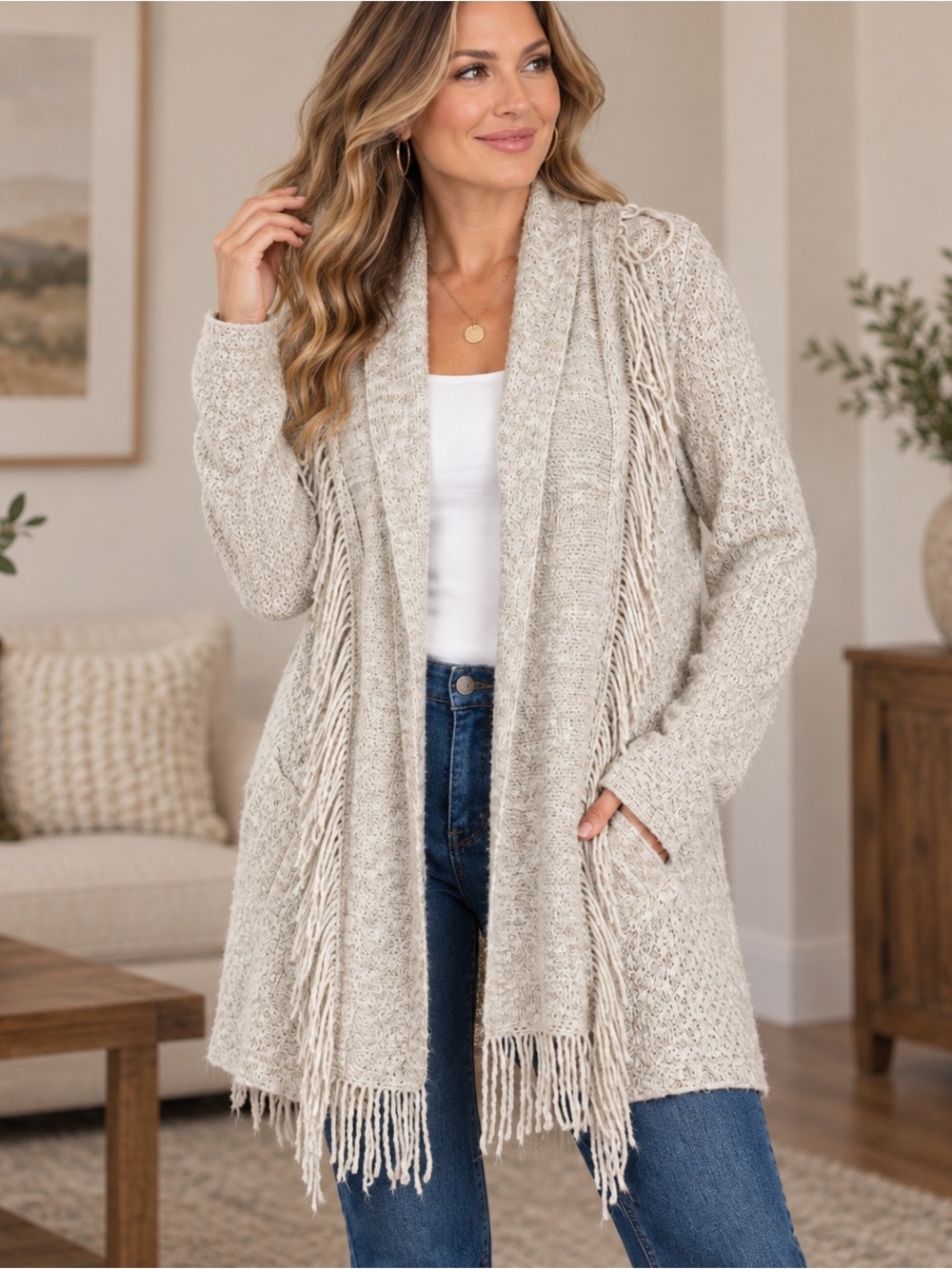 Dreamers by Debut Fringe Cardigan Sweater Oatmeal Boho Western Large